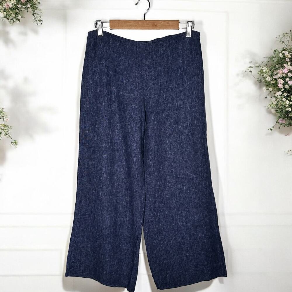 THEORY 100% Linen Terena Wide Leg Knit Pants Chambray Career Boho Minimalist